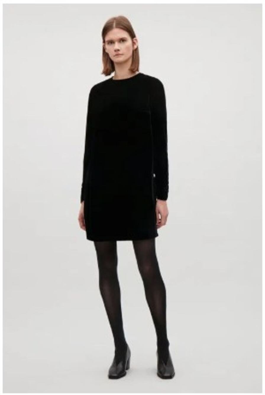 COS Black Velvet Shift Silk Blend Long Sleeve pockets Party Dress EU 38/ US 6